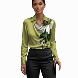 Floral Satin Women Shirt V-neck Long Sleeve Blouse Asymmetric Print Spring Autumn - Product Image 1