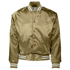 Men's Olive Green Satin Varsity <b>Jacket</b> Regular Fit Casual Style Turn-down Collar Button Closure Autumn Wear - Product Image 1