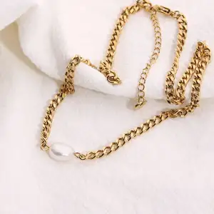 316L Edelstahl vergoldete Glieder kette Pearl Choker Halskette Cuban Curb Link Halskette für Frauen Gril Trendy Schmuck Geschenk