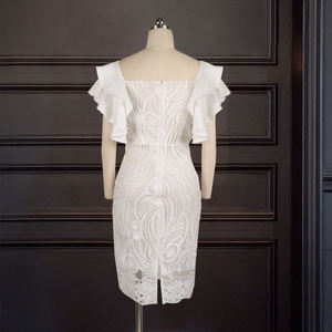 X7005 Nouvelle Robe de Soirée <span class=keywords><strong>Chic</strong></span> en Dentelle à Épaule Unique et Manches Volants pour <span class=keywords><strong>Femme</strong></span>, Couleur Unie, Décontractée, Été, Blanche - Product Image 5