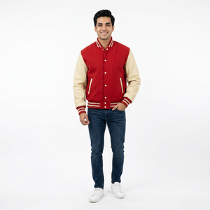 Custom Made Men's Stand Collar Varsity Jacket for Winter Season Comfortable <b>Leather</b> Sleeve Front Logo Perfect Letterman Jacket - Product Image 1