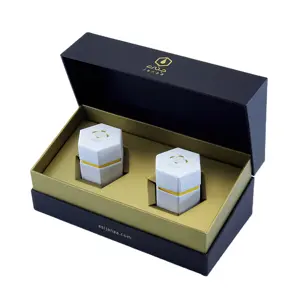 Kotak Kardus Flip Foil Cap Panas Hitam Mewah Kustom Tiongkok dengan 2 Botol Kaca untuk Kotak Kemasan Makanan Madu Kopi Teh