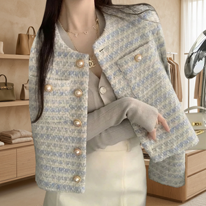 <b>Women's</b> Vintage Cropped Korean Tweed Striped Casual Spring Autumn Button <b>Jackets</b> 2024 - Product Image 2