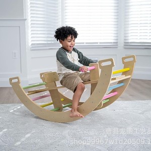 Caballito balancín de madera 2 en 1 con arco de escalada, estructura de juego interior para niños, unisex, equipo de ejercicio de madera maciza con forma geométrica - Product Image 3
