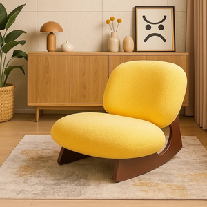 Sedia a dondolo moderna in corno di montone, rivestita in lana d'agnello, in legno massello, poltrona relax con imbottitura in piuma d'oca, supporto ergonomico - Product Image 5