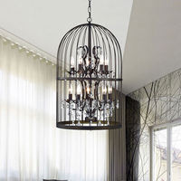 Lustre moderne en fer noir avec cage à oiseaux et cristaux transparents, design rustique américain pour restaurant et salon