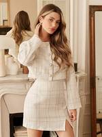 Ensemble jupe courte et veste en tweed à carreaux élégant pour femme, fabrication sur mesure, directement de l'usine, parfait pour un look décontracté d'automne