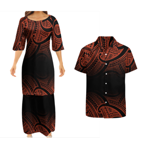 A basso prezzo all'ingrosso disegno polinesiano personalizzato coppie di <span class=keywords><strong>abbigliamento</strong></span> due pezzi set Samoan Puletasi abito abbinato camicie da uomo Aloha - Product Image 4