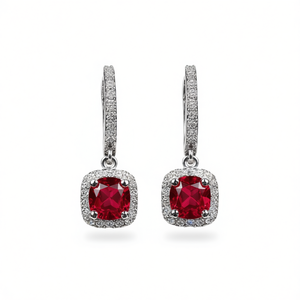 Boucles d'oreilles pendantes de luxe en pierres précieuses rouges pour femmes, design géométrique, sertissage griffe, en cuivre, pour soirées, modèle E2910 - Product Image 1