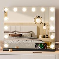 Miroir cosmétique de bureau sur pied de style carré, éclairé par 14 ampoules LED, avec interrupteur tactile, 3 couleurs réglables, cadre métallique, pour usage quotidien