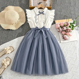 Robe d'été pour enfants à manches courtes avec <span class=keywords><strong>ceinture</strong></span> en maille tissée, jupe de princesse pour <span class=keywords><strong>fille</strong></span> 2026 - Product Image 3