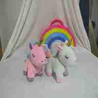 Sac arc-en-ciel personnalisé avec cinq petits animaux en peluche : licorne, chien, cheval, dauphin, super doux, en maille, pour l'éducation