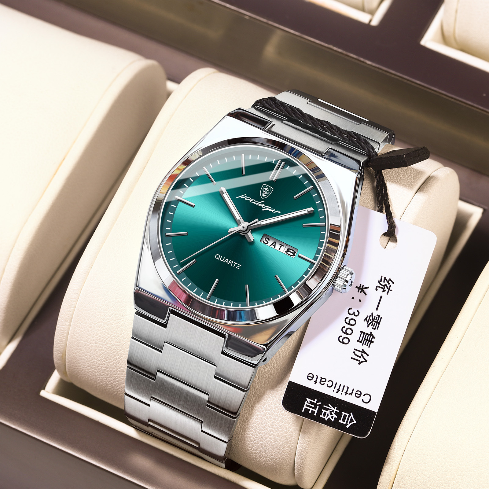 EU-930 Silver Case, Green Face, Stainless Steel Strap (EU Standard)