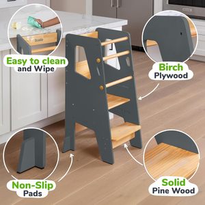 Wooden Toddler Standing Tower <strong>Kitchen</strong> Stool <strong>Helper</strong> - Upgraded Design with Safety Feet for Skill Learning - Gray - Product Image 6