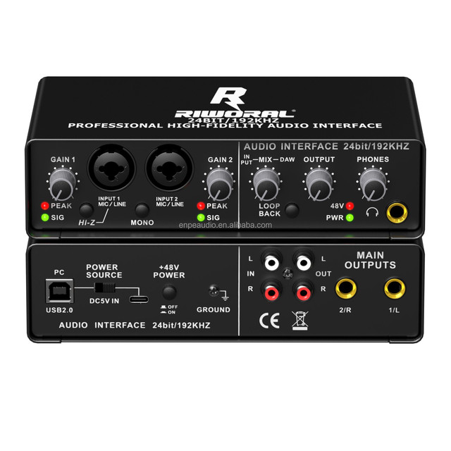 USB Audio Interface 24 bit Audio Sound Cards Mixers +48V with MIC /LINE 2 Channel Noise Cancelling for Recording Studio