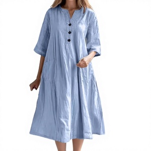 Vestido Camisero Midi <span class=keywords><strong>de</strong></span> Verano para <span class=keywords><strong>Mujer</strong></span>, <span class=keywords><strong>de</strong></span> Algodón y <span class=keywords><strong>Lino</strong></span>, Casual, Cuello en V, Manga Media, Corte Holgado, con Tres Botones y Bolsillo <span class=keywords><strong>de</strong></span> Parche, Color Sólido - Product Image 3