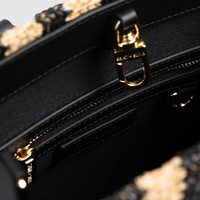 Sac à main en raphia tressé noir et beige à rayures, avec bordure en cuir, design convertible, idéal pour les femmes, les sorties shopping du week-end et les voyages en bord de mer