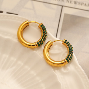 Hoop <b>Earrings</b> Gold Plated <b>Green</b> Diamond Channel Setting Stainless Steel Party Jewelry - Product Image 1