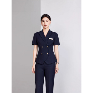 Women's Summer Short Sleeve Double Breasted Blazer And Skirt Suit Set Formal Commute Wear Breathable Worsted Fabric - Product Image 4