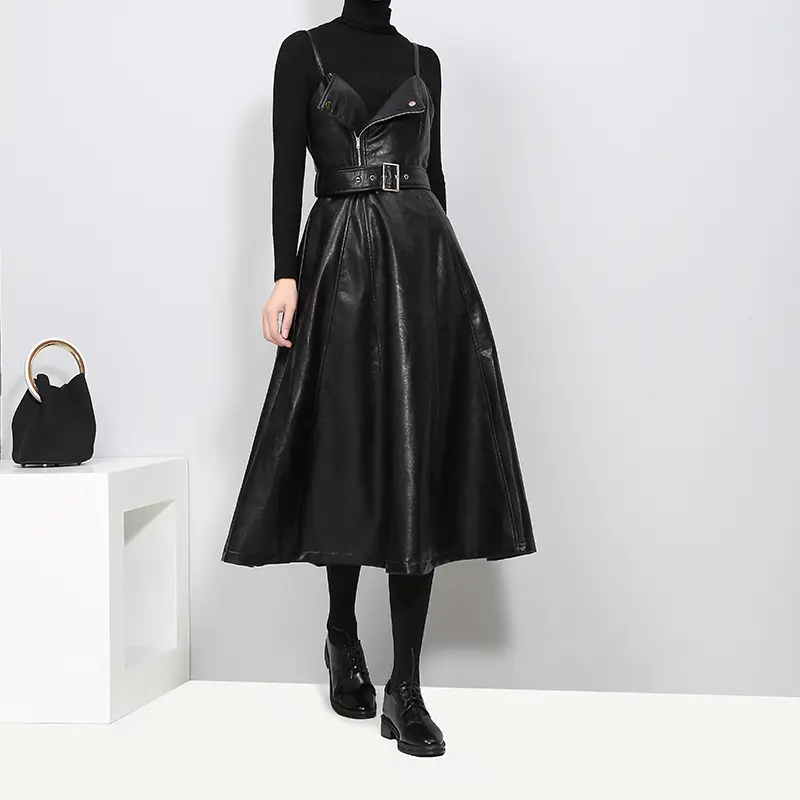 Spring new Korean women's fashion slim leather skirt pu strap dresses for women