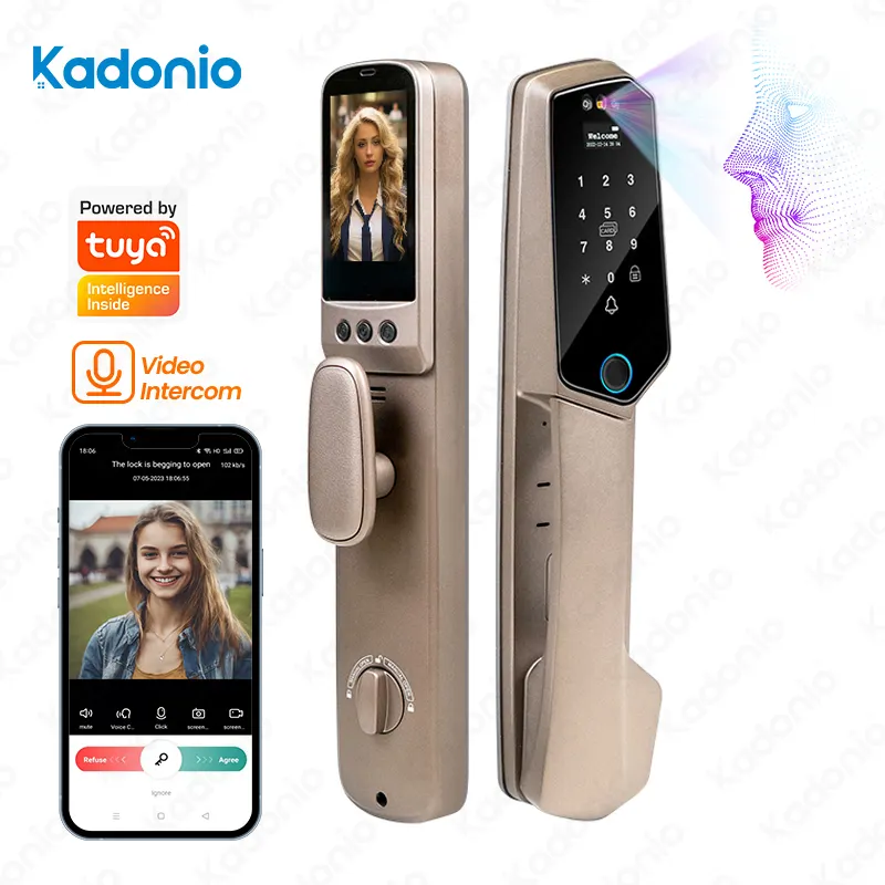 Kadonio新しいトレンドのメカニカルキーカードパスワードアプリ指紋最高品質の自動顔スマートNFCドアロックWiFi
