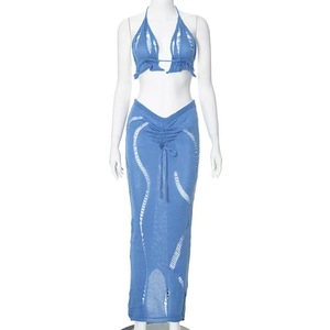 2025 verano <span class=keywords><strong>Sexy</strong></span> mujer Halter Top y falda larga conjunto Europa los Estados Unidos templado con lazo hueco cordón 1 pieza - Product Image 2