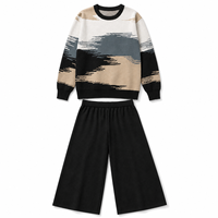 En stock, échantillon rapide, ensemble deux pièces en tricot à blocs de couleur, col rond, manches longues, coupe ample, polyester et coton, pour femme, automne