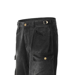 Quần jeans baggy ống loe nam màu đen, giặt enzyme, thiết kế riêng, phong cách Y2K Hip Hop đường phố, mùa xuân thu, có khuy cài. - Product Image 3