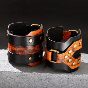 Genuine <b>Leather</b> <b>Bracelet</b> Cowhide Retro Cross Punk Style Wide Wristband X-Shaped Long Strip Jewelry Decorative Fashion Band - Product Image 3