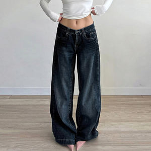 Jeans amples de style américain pour femmes, fermeture éclair asymétrique, jambe droite, large, longueur au sol, pantalon en denim - Product Image 2