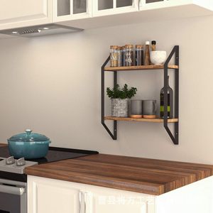 Two Tier Floating Wooden And Iron Storage Rack Wall Mounted Durable For Home Organization - Product Image 1