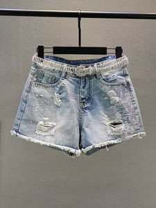 Pantaloncini in denim strappati da <span class=keywords><strong>donna</strong></span>, casual, vestibilità ampia, traspiranti, stampati, elasticizzati, taglie forti, estivi, per ragazze - Vendita all'ingrosso - Product Image 4