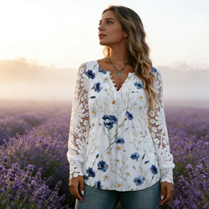 Chemise décontractée à manches longues à col en V pour femmes, taille plus, motif floral, boutons, dentelle, pour le printemps, l'été et l'automne - Product Image 2
