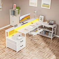 Bureau de jeu AJUNION en forme de L, table d'ordinateur en métal avec éclairage LED RVB, étagère pour moniteur, tiroir pour dossiers, ports USB, table de jeu d'angle