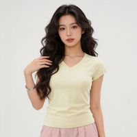 Nouveau T-shirt décontracté pour femme, collection été 2026, col rond, manches courtes, couleur unie, haut basique