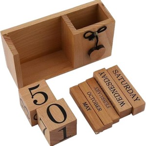 Creative new wooden desktop ornament, perpetual <b>calendar</b>, solid wood home desktop <b>calendar</b> with pen holder and storage box. - Product Image 2