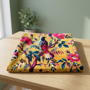 Tissu en velours de coton imprimé à la main, jaune moutarde, à motifs floraux, pour ameublement et quilting, vendu au mètre, imprimé oiseaux - Product Image 2