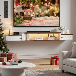 OEM ODM Farmhouse Floating <b>TV</b> <b>Stand</b>, Wood Entertainment Center, Wall Mounted <b>Tv</b> Shelf with Light & Charging Station - Product Image 1
