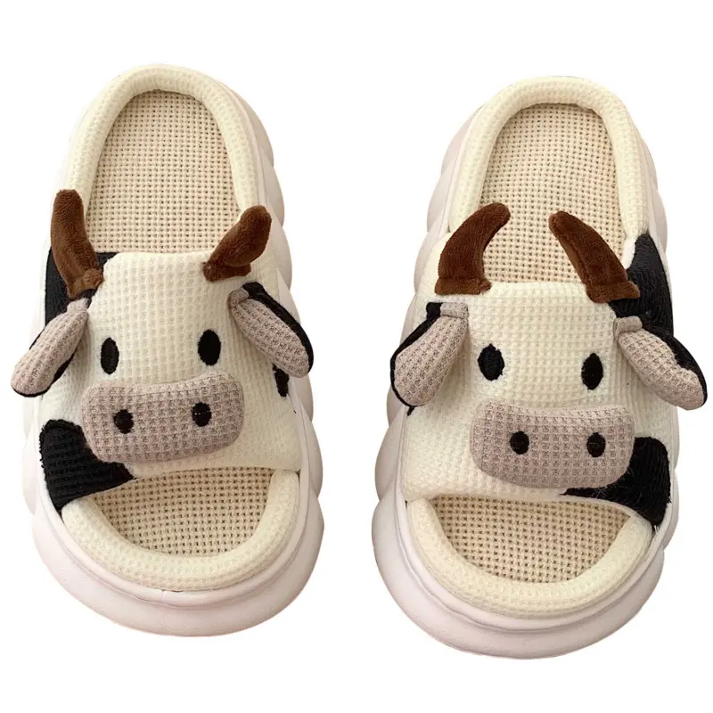 Dropshipping Custom Logo 2022 Summer Cute Cartoon Cow Women's Slides Slippers Cotton Linen Sandals