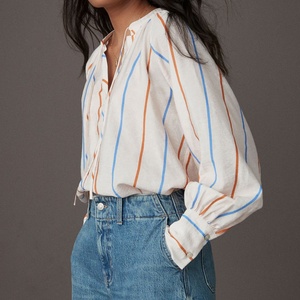 Chemisier décontracté en lin et coton de haute qualité pour femme, col en V, manches mi-longues, idéal pour le bureau ou le quotidien (OOTD) - Prix de gros abordable - Product Image 1