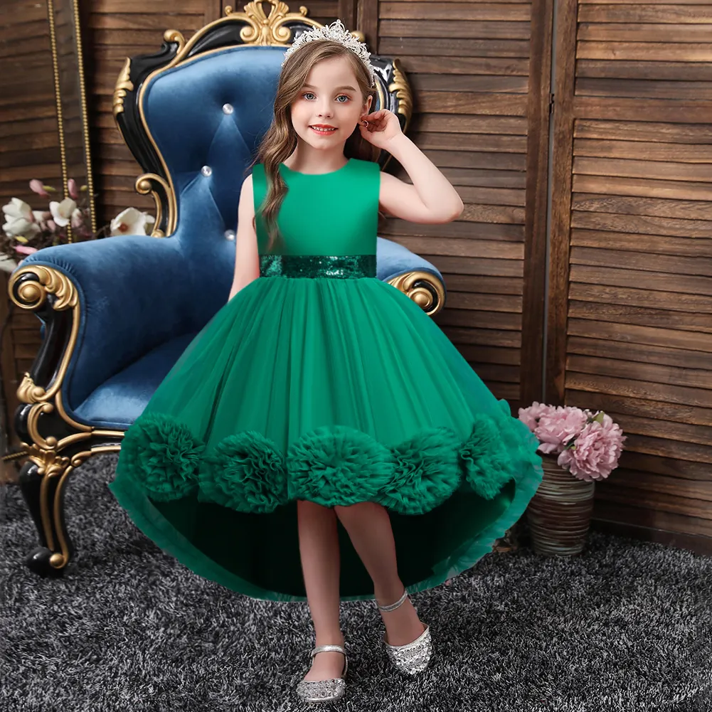 New Cute children party dress knee length mesh flower gown for girls trailing baby girl birthday dresses for 3 years old