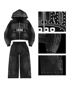 कस्टम स्ट्रीटवियर क्रॉप्ड ज़िप ऊपर कपास ग्राफिक एसिड वॉश शीनी रैइनस्टोन हुडी सेट - Product Image 2