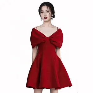Mature Ladies Sexy V neck Big Bowknot Sleeveless Formal Party A-line Dress for Women