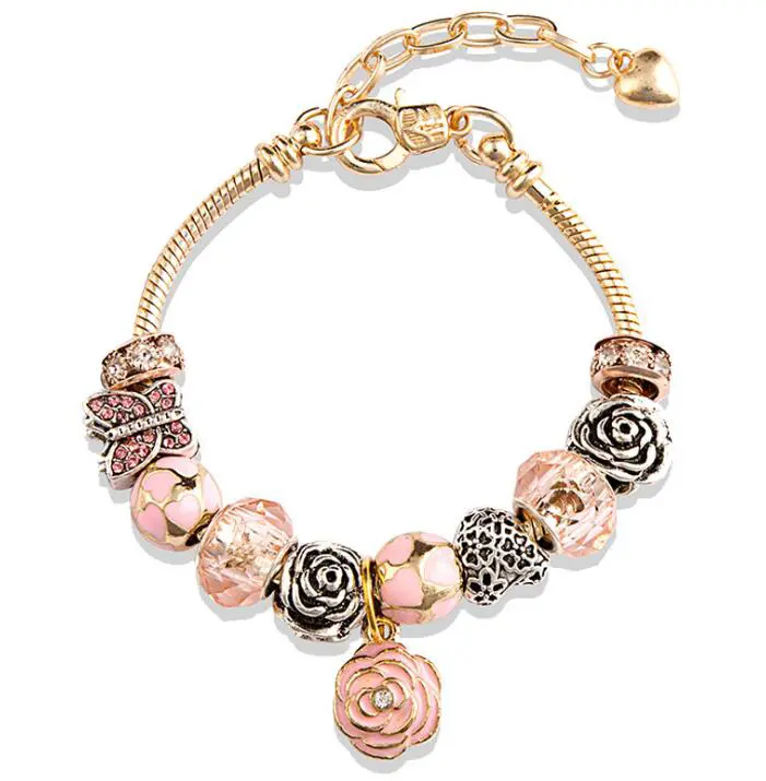 Best Verkopende Rose Gouden Vlinder Roze Rose Armband Bedels Voor Vrouwen Meisjes Kids Sieraden