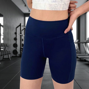 Shorts mi-cuisse pour femmes, taille haute, respirants, en tricot Spandex/Polyester, avec poches latérales, bleu marine/vert sarcelle - Product Image 3