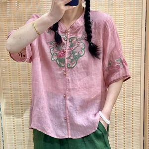 Traditional Chinese Embroidered Cotton Linen Short Sleeve Shirt Women Rose Pink Green Beige Summer Tea Dress Top - Product Image 1