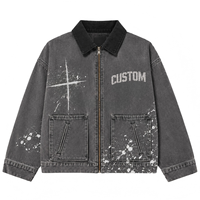 Jaket Desain Kustom OEM Logo Berkualitas Tinggi Denim Vintage Acid Wash Kerah Tegak Resleting Desainer Retro Batik Musim Gugur Layanan OEM