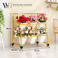 Support de présentation de fleurs mobile à 3 niveaux en fer, style incliné, avec roulettes, pour fleuriste, mariage, événement, vente au détail