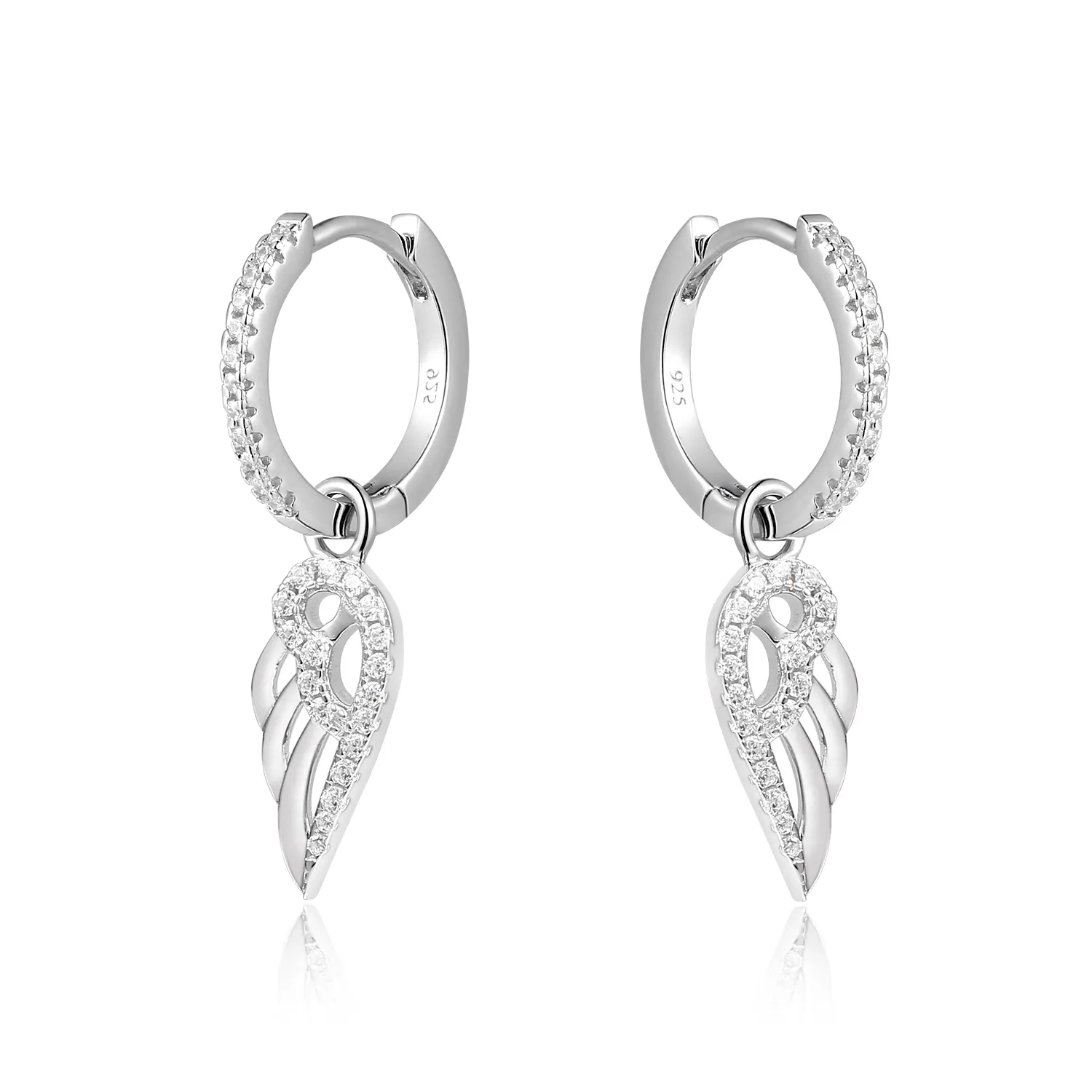 Grace Angel Wings Feather 925 Sterling Silver Hoop Korean Huggies Dangle Earrings