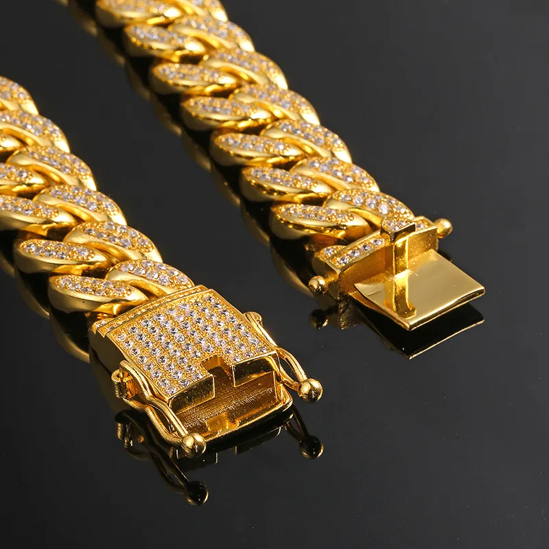 Mens Iced Out Copper Jewelry 18K Gold Plated Box Lock Choker Necklace Bling CZ Miami Cuban Chain Necklace